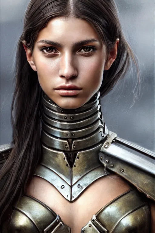 Prompt: a photorealistic painted portrait of an attractive young girl, partially clothed in metal-plated battle armor, olive skin, exotic appearance, long dark hair, flawless skin, beautiful bone structure, perfectly symmetric facial features, perfect photorealistic eyes, natural physique, intricate, elegant, digital painting, concept art, finely detailed, beautifully illustrated, sharp focus, minimal artifacts, from Metal Gear, by Ruan Jia and Mandy Jurgens and Artgerm and William-Adolphe Bouguerea, in the style of Greg Rutkowski, trending on Artstation, award winning art