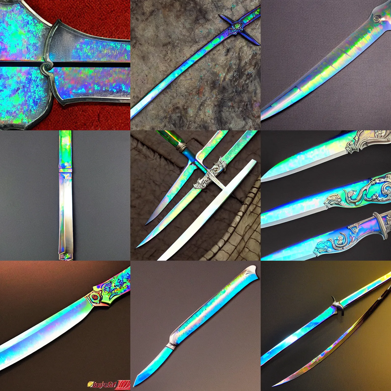 Prompt: Sharpest, most powerful iridescent sword ever forged in history, ornate, godly, epic, iridescent, opal texture, dark, solid