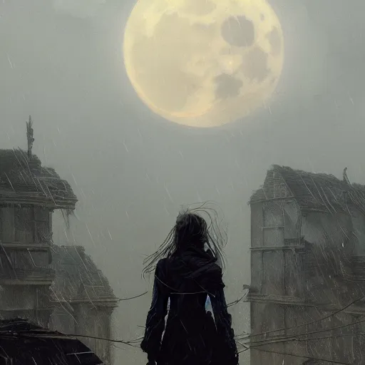 Image similar to A portrait of a suicidal girl, ruins of a destroyed city and a yellow-red full moon on background, techwear, dark, rainy atmosphere, natural volumetric light, intricate, highly detailed, digital painting, concept art, sharp focus, illustration, art by greg rutkowski, matte painting, trending on artstation