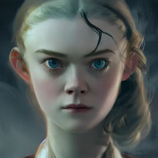 Prompt: ultra realistic medium shot head and shoulders masterpiece matte portrait painting of elle fanning in dishonored, cosmic horror, artstation, art by frank frazetta and sachin teng, 4 k, ultra realistic, highly detailed, epic lighting