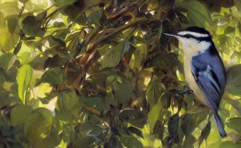 Image similar to oil painting lanscape by anders zorn, closeup nuthatch in jungle nature, fruit trees, very very very very beautiful art, dramatic light, strong shadows