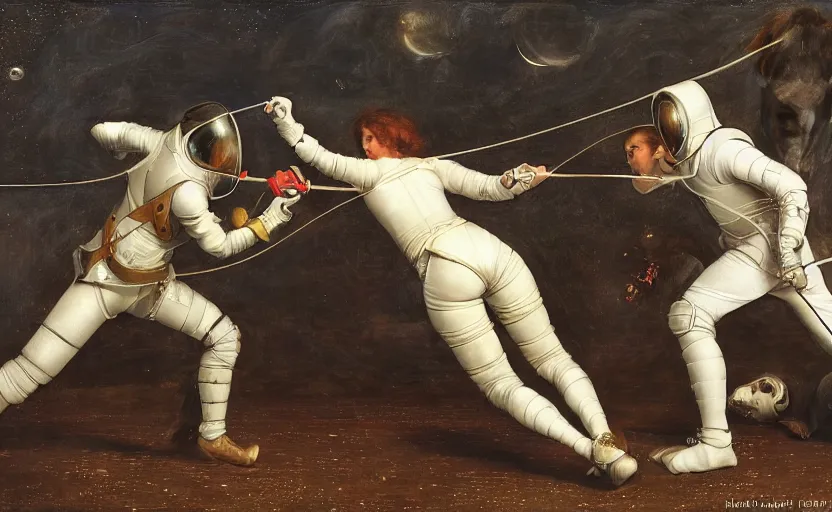 Image similar to a fencing match on the moon by edgar maxence and caravaggio and michael whelan and delacroix style, artistic, intricate painting, cinematic lighting, hyper realistic, extremely detailed, establishing shot, 8 k resolution, dramatic lighting