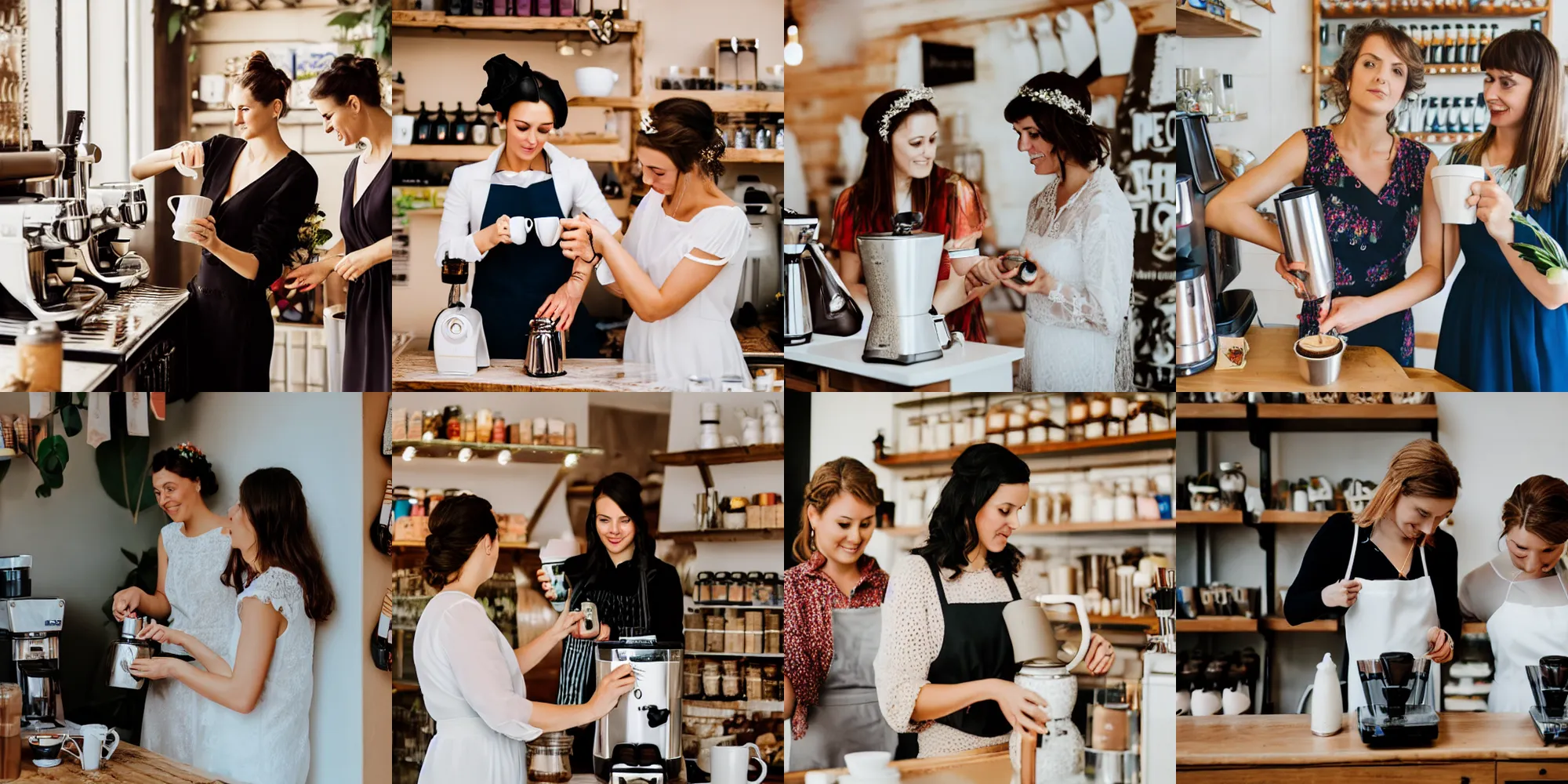 Prompt: two women creating a coffee in a shop, Ukraine. Wedding professional photo