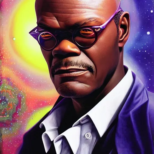 Image similar to cosmic portrait of Samuel L. Jackson, Pixar style, by Tristan Eaton Stanley Artgerm and Tom Bagshaw.