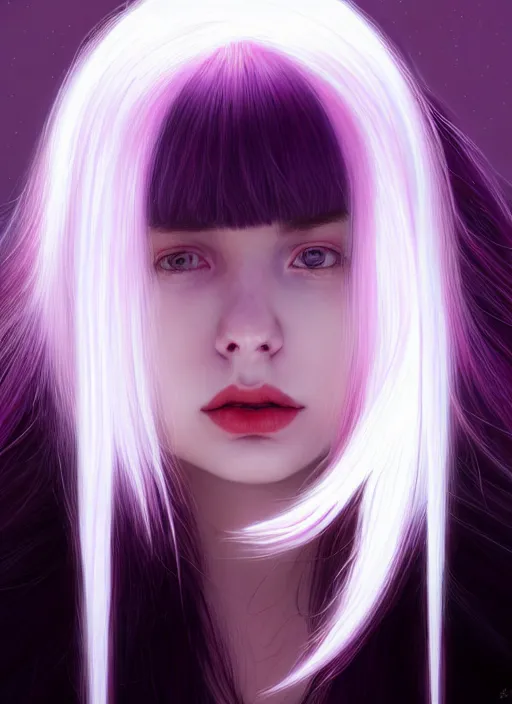 Image similar to hair whitebangs hair, black hair, whitebangs, portrait of teenage girl with white bangs, red irises, purple clothes, white bangs, bangs are different color from hair, intricate, elegant, glowing lights, highly detailed, digital painting, artstation, concept art, smooth, sharp focus, illustration, art by wlop, mars ravelo and greg rutkowski