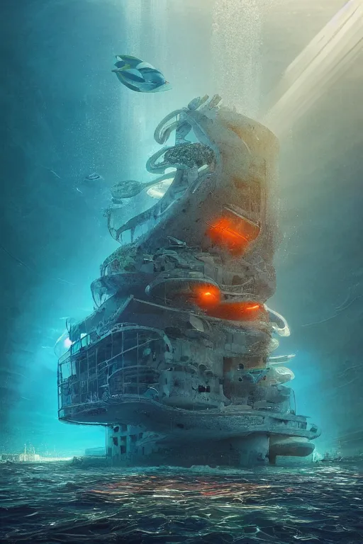 Prompt: hyperrealistic precisionist cinematic underwater dystopian futurist city ruins with giant bioluminescent multicolored mutant fish and cyborg jellyfish, digital art masterpiece, aykut aydogdu eric zener, very dramatic volumetric light, long shot, ground angle uhd 8 k, deep focus