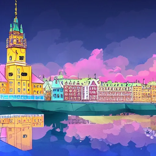 Image similar to stockholm, anime background art