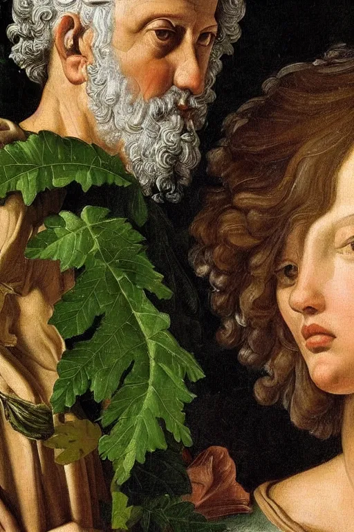 Image similar to renaissance painting of elder in the garden, closeup, short silver hair, a wise face, emotions closeup, dressed in roman armour, the beautiful garden with oak leaves everywhere, ultra detailed, art by Guido Reni style, Vincenzo Catena style