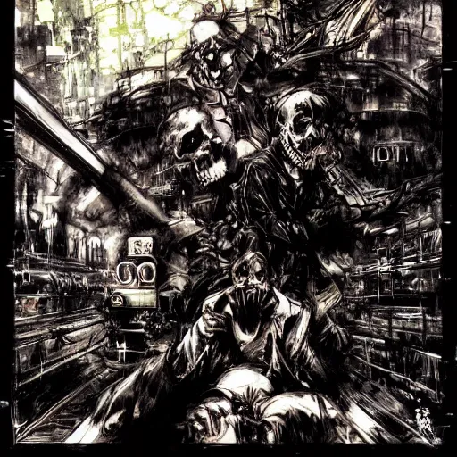 Image similar to horrific nightmare of the death train with the death conductor by godmachine dzo olivier scott fischer yoji shinkawa