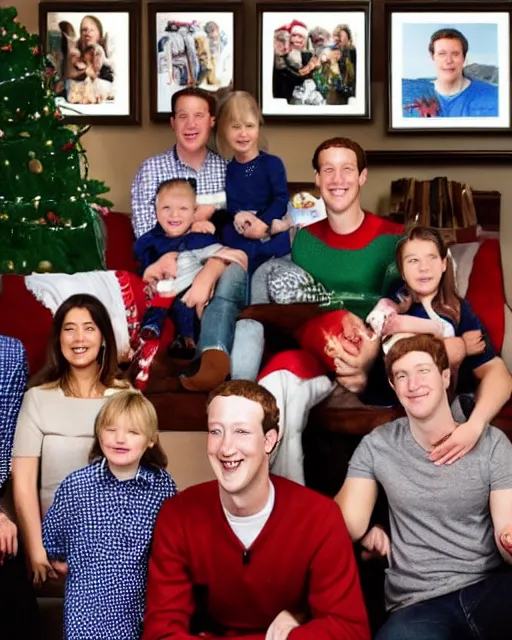 Image similar to postcard showing 'zuckerberg's christmas family pictures' laying on coffee table, zoomed out, HD, iphone capture