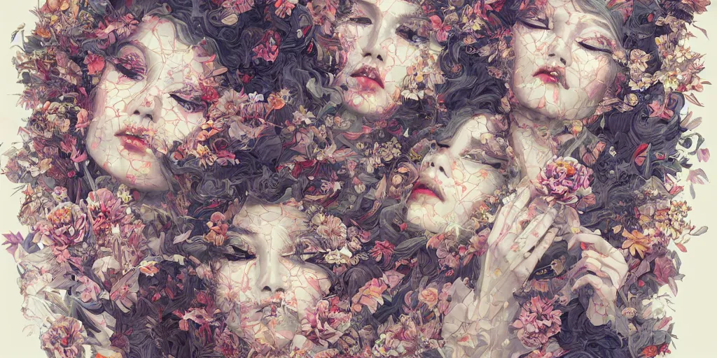 Image similar to breathtaking detailed concept art painting kaleidoscope art deco pattern of blonde faces goddesses amalmation flowers, by hsiao - ron cheng, bizarre compositions, exquisite detail, extremely moody lighting, 8 k