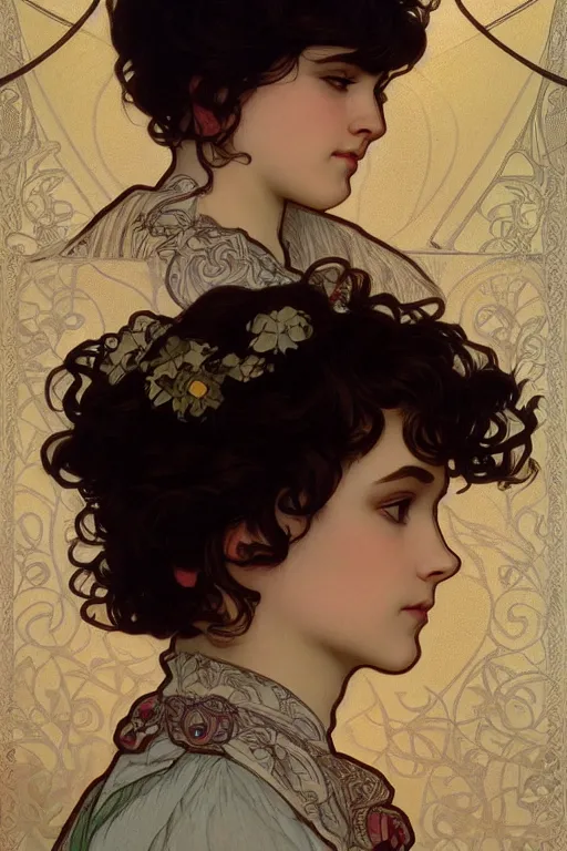 Image similar to beautiful cottagecore of a girl with short black curly hair, round face, cute face. intricate, elegant. highly detailed, digital painting, artstation, concept art, smooth, sharp, focus, illustration. art by alphonse mucha