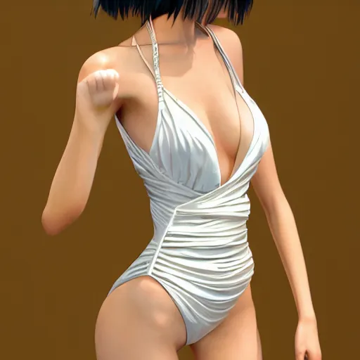 Prompt: feminine Japanese woman wearing one-piece swimsuit, elaborate polished, cgsociety, photorealistic, sublime-classy-dignified ambience, 16k, sharp focus, trending on ArtStation, volumetric lighting, worksafe