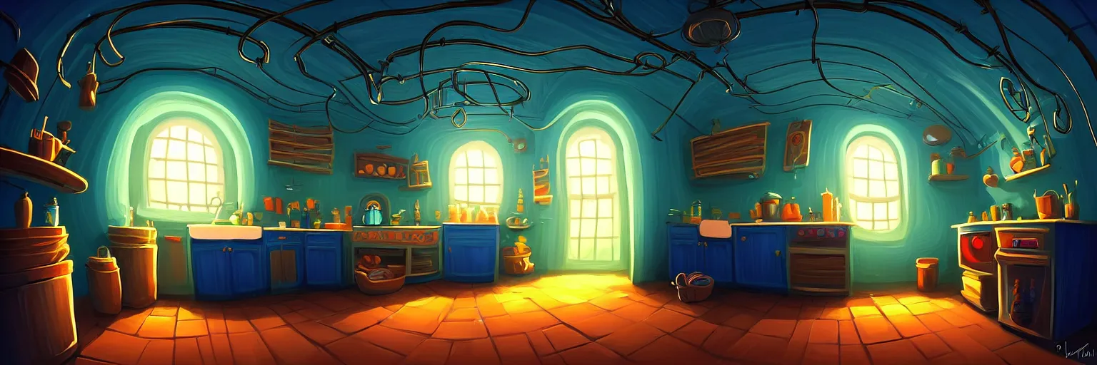 Image similar to underground, basement, fisheye spiral, naive, extra narrow, detailed illustration of a kitchen, large floor, dimly lit by rhads from lorax movie, trending artstation, dark blue, vines crawling, tavern