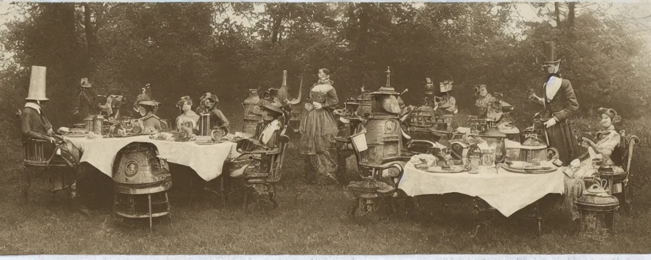 Prompt: A Victorian sepia photo of a Dalek tea party.