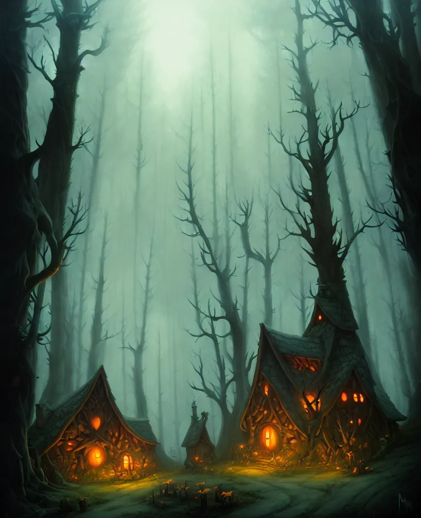 Image similar to a witches cabin in a dark forest, by peter mohrbacher