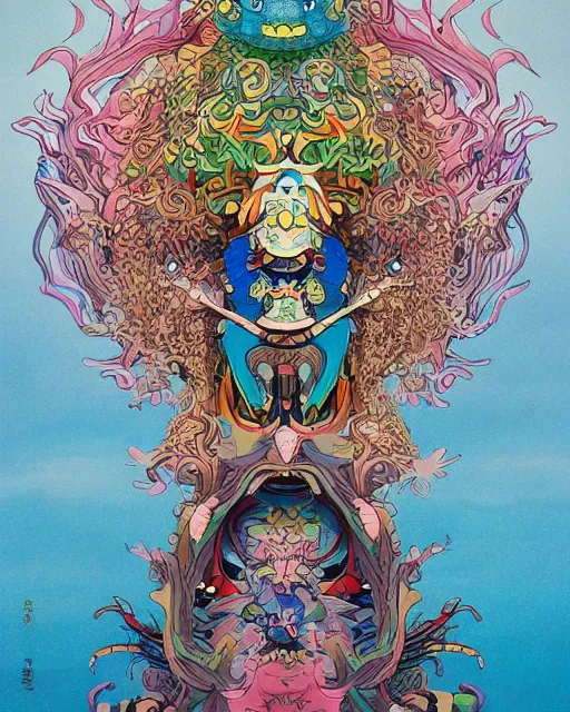 Image similar to bicameral humanoid mythical beast, fantastical, cute, and beautiful hybrid of different animals, a humorous psychedelic creature concept design by Moebius, Studio Ghibli, in the style of Takashi Murakami, symmetrical 4K