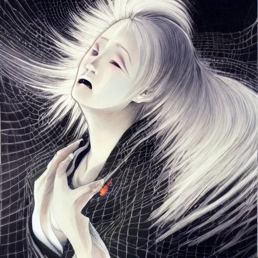 Image similar to Yoshitaka Amano realistic illustration of an anime girl with white hair and cracks on her face wearing dress suit with tie fluttering in the wind, abstract black and white patterns on the background, noisy film grain effect, highly detailed, Renaissance oil painting, weird portrait angle