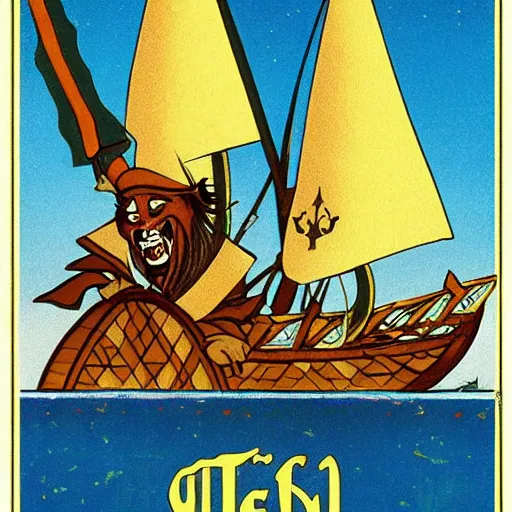 Image similar to Orc Pirate, Golden sails pirate ship. Islamic Propaganda poster, 1991