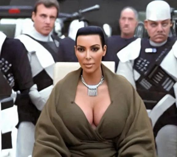 Prompt: a movie still of kim kardashian as a handcuffed prisoner with a chain around her neck bonded to a chair in the movie star wars