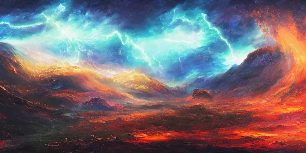 Prompt: magical explosion in a valley, fantasy, oil painting, concept art, 8 k