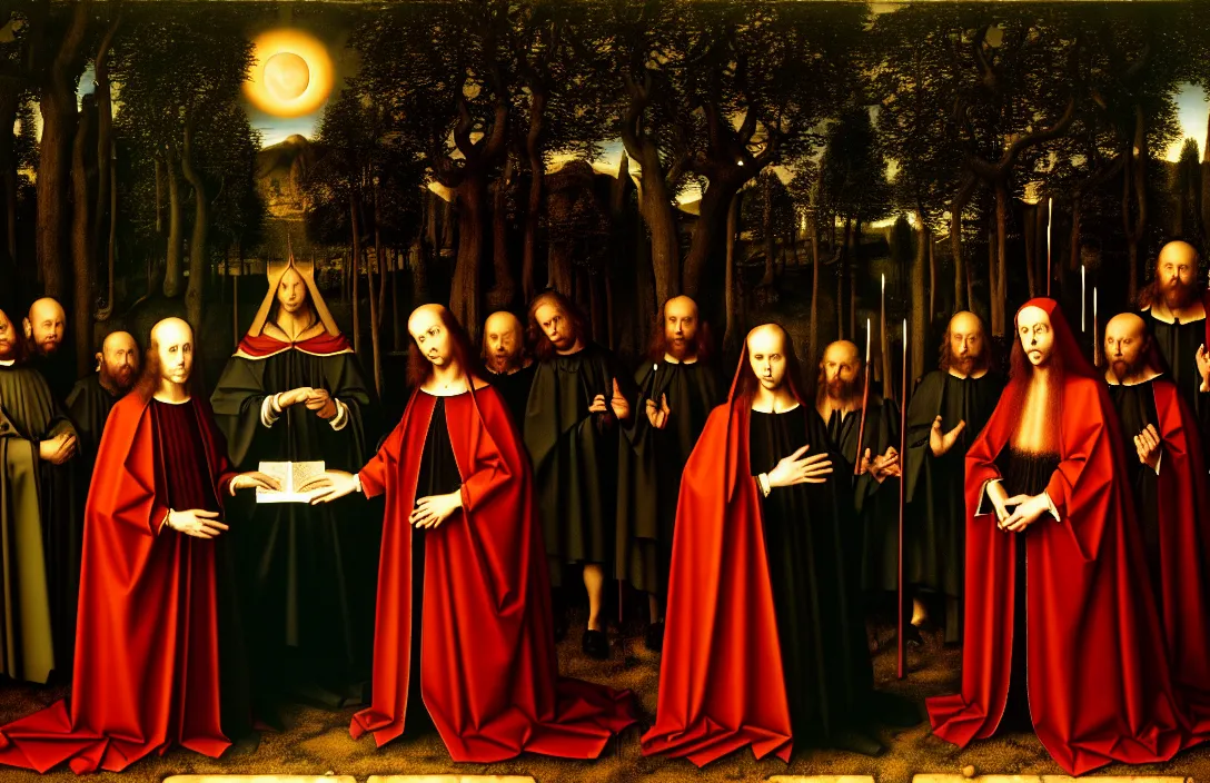 Image similar to altarpiece death roll intact flawless ambrotype from 4 k criterion collection remastered cinematography gory horror film, ominous lighting, evil theme wow photo realistic postprocessing visuals excite moon visible through the trees has its own distinctive quality quite unlike any other painting by jan van eyck