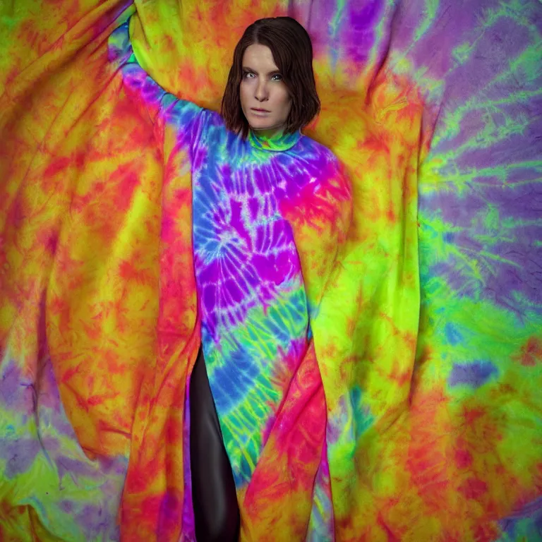 Image similar to octane render portrait by wayne barlow and carlo crivelli and glenn fabry, a woman wearing a skintight bright colorful tie - dye bedsheet costume, backlit, dramatic lighting, fog and mist, cinema 4 d, ray traced lighting, very short depth of field, bokeh