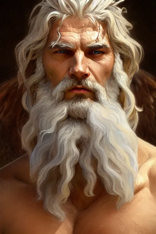 Image similar to painted portrait of rugged zeus, god of thunder, greek god, white hair, masculine, mature, handsome, upper body, muscular, hairy torso, fantasy, intricate, elegant, highly detailed, digital painting, artstation, concept art, smooth, sharp focus, illustration, art by gaston bussiere and alphonse mucha