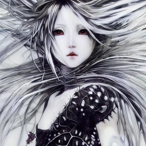 Image similar to Yoshitaka Amano blurred and dreamy illustration of an anime girl with black eyes, wavy white hair fluttering in the wind and cracks on her face wearing elden ring spiky armor, abstract black and white patterns on the background, noisy film grain effect, highly detailed, Renaissance oil painting, weird portrait angle, evangelion color palette