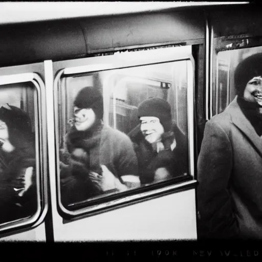 Image similar to penguins riding the subway in new york city in the 1 9 8 0 s, graffiti on the walls, polaroid photograph with flash