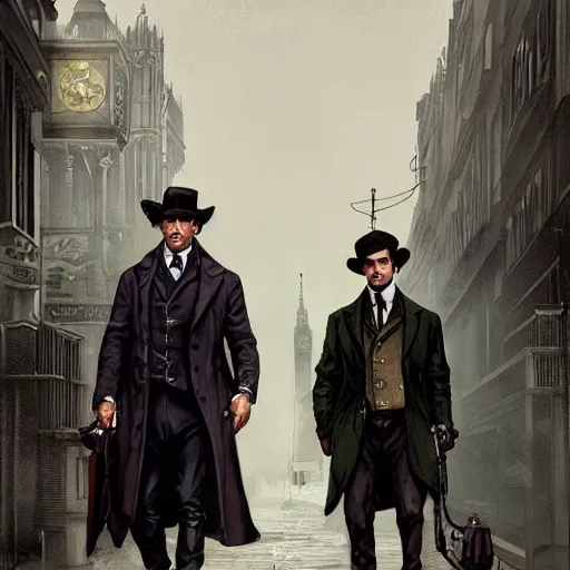 Image similar to [UHD Sherlock Holmes and Watson as GTA characters on the streets of London in 2169, correct faces, intricate, elegant, graphic detail, digital painting, trending on artstation, concept art, tonalism, sharp focus, illustration, art by Miguel Vasquez and Greg Rutkowski and Alphonse Mucha]