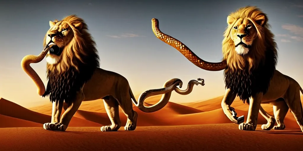 Image similar to a wise old man with a long white beard riding a lion in the desert, the man in holding a snake as though it where handlebars and the lion is holding the snake in its mouth, epic cinematic establishing shot, dramatic lighting