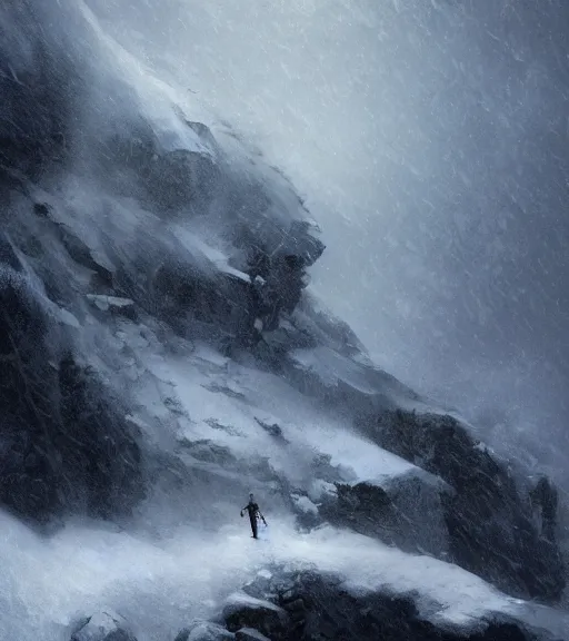 Image similar to a climber climbs a snowy mountain in a storm, close view, painting by craig mullins, octane rendering, soft morning lighting, wide angle lens, in the style of hayao miyazaki, trending on artstation,