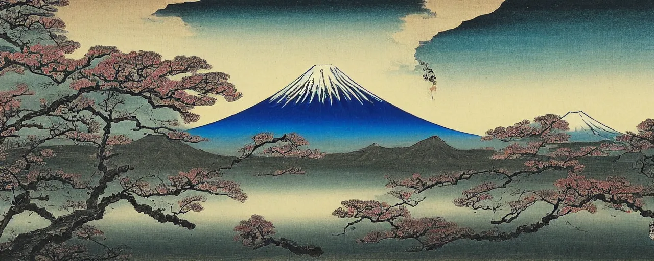 Image similar to a japanese painting a beautiful view of mount fuji