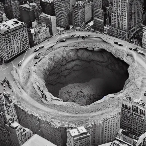 Prompt: a photograph of on Ancient otherworldly beings coming from under the earth and creating sink holes in new york city. Giant Ney York city sink hole engulfs entire city, City collapses in Sink Hole. crazy. wild. insane. realistic. satanic. dark. gloom. crazy. wow. imagine that. can you imagine that?. thank you. realistic. real. photography. photograph. historic photograph. 8k