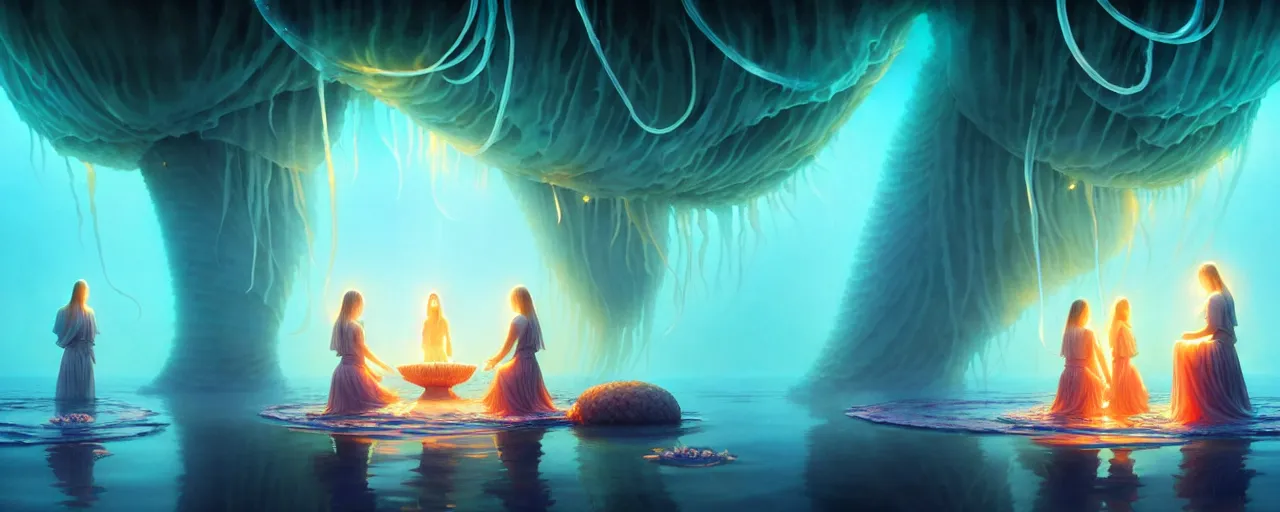 Prompt: A painting of priestesses worshipping at the jellyfish temple, shrouded in mist, jellyfish god, 8K, illustration, by ilya kuvshinov and Wojtek Fus and Justin Cheung and ArtGerm and Stéphane Roux, smoke, undersea temple with fish, cinematic, insanely detailed and intricate, hypermaximalist, elegant, super detailed, award-winning, chartreuse and orange and cyan, mysterious, ancient, ritual, ethereal, trending in cgsociety, artstation HQ, ornate, elite, haunting, matte painting, beautiful detailed, insanely intricate details, artstation trending