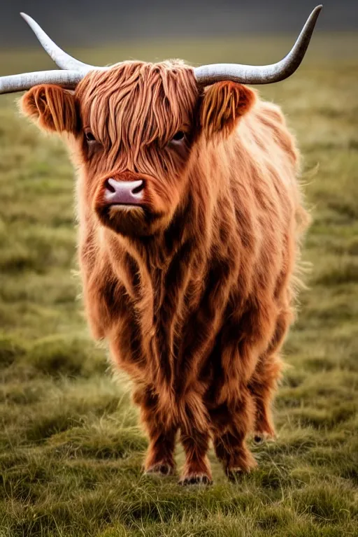 Prompt: close up of a single highland cattle on a field with high grass and light fog. nature photography
