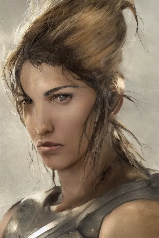 Image similar to a photorealistic painting of an attractive young girl, partially clothed in battle armor, olive skin, long dark hair, beautiful bone structure, symmetrical face, perfect eyes, intricate, elegant, digital painting, concept art, illustration, sharp focus, minimal artifacts, from Metal Gear, in the style of Ruan Jia and Mandy Jurgens, by Greg Rutkowski, trending on Artstation, award winning