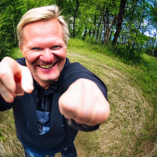 Prompt: erling haaland laughing and pointing towards the camera, fisheye, wide angle lense,