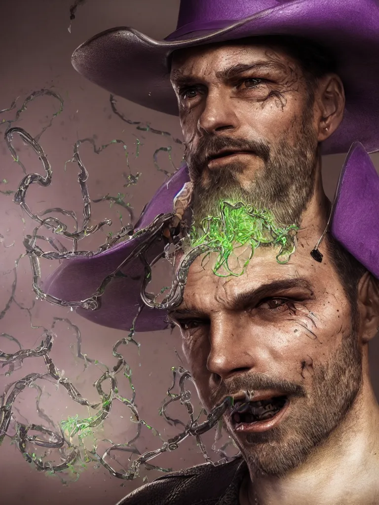 Prompt: professional corporate portrait closeup headshot profile picture of cowboy snake oil salesman wearing purple green medieval armour with snake oil stimulant tonic formula tincture dripping from his lips and dollar bill print tinted skin, by Greg Rutkowski, 8K, hyper detailed, realistic, by onesal, by sixnfive , behance 3d , studio photography DSLR, Photoreal epic composition