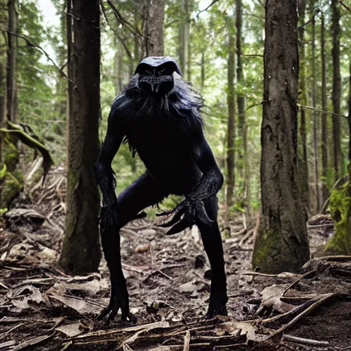 Image similar to werecreature consisting of male human and crow, photograph captured in a forest