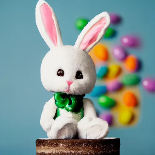 Image similar to a cute easter bunny sitting on a tire, studio photo, high quality