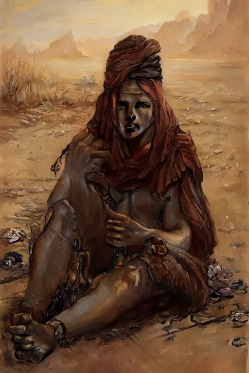 Image similar to a full body portrait of a beautiful post apocalyptic offworld desert bedouin blind barbarian leper laying by the roadside, begging, intricate, elegant, highly detailed, digital painting, artstation, concept art, smooth, sharp focus, illustration, art by krenz cushart and artem demura and alphonse mucha