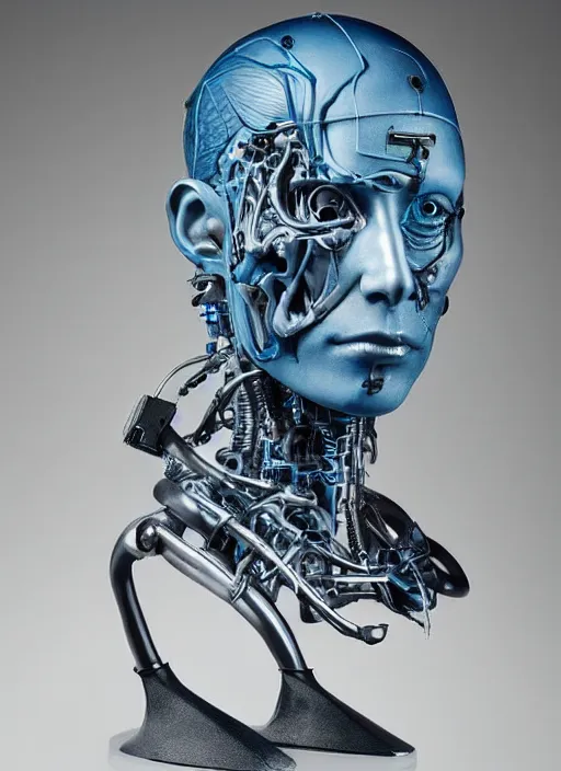 Prompt: a bust sculpture of anatomical detailed cyborg, blue blood, become human, ceramic base, orthographic, studio lighting