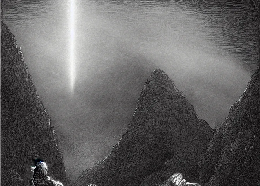 Image similar to a hooded figure in a black robe standing in a flower meadow while bright light beam is emmited from the sky onto him, flower meadow landsape in dark pits of a canyon, illustration by Gustave Dore, 18th century drawing , black and white, highly detailed, 4k, concept art, artstation