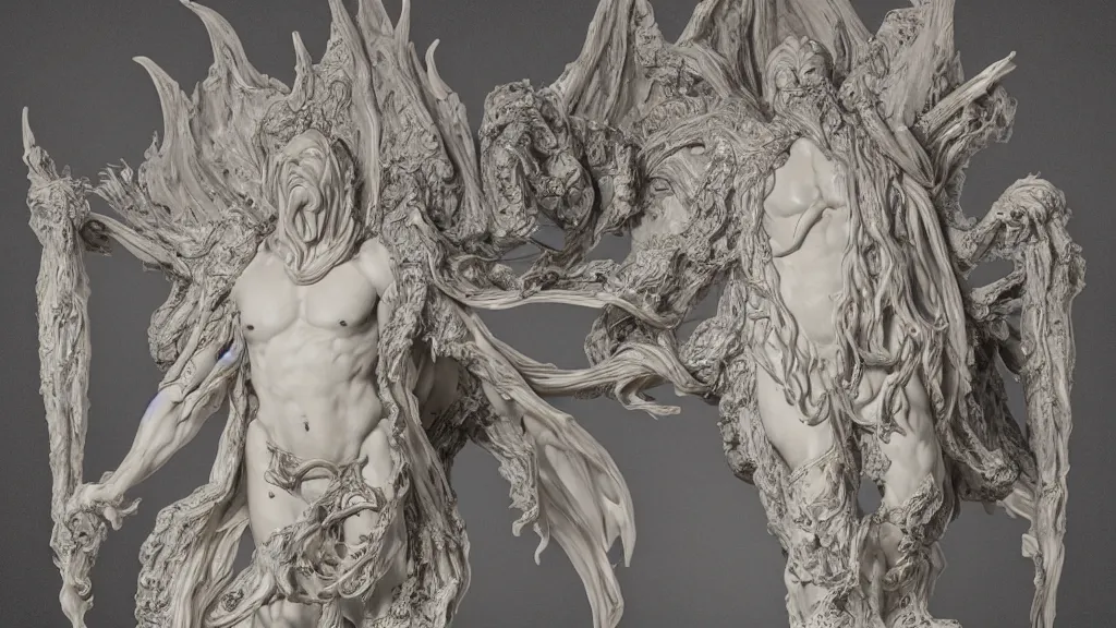 Prompt: cthulhu, an epic sculpture made of marble and ivory, by gustave dore, by emil melmoth, by alphonse mucha, hell, on a marble base standing in a large studio space, monumental, epic, rococo, detailed, intricate, volumetric lighting, realistic, octane render, 2 0 % pearlescent detailing