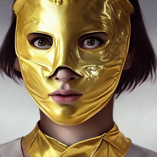 Image similar to 1 5 year old white girl with a white shirt that has one shoulder visible, wears black sports shorts and a golden mask on her face, intricate, highly detailed, digital painting, artstation, concept art, smooth, sharp focus, illustration, unreal engine 5, 8 k, art by artgerm and greg rutkowski and alphonse mucha