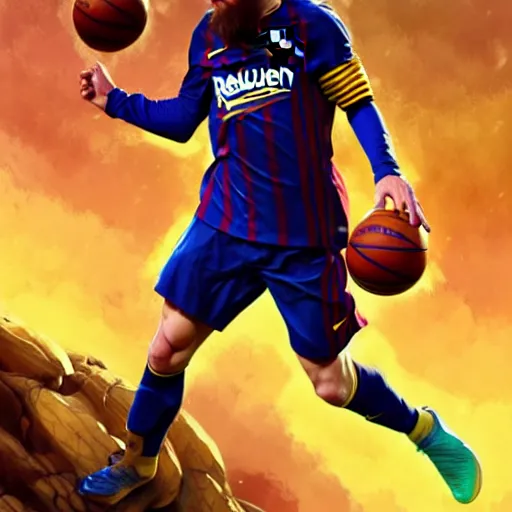 Image similar to Messi dunking on Ronaldo in the NBA, D&D, fantasy, intricate, elegant, highly detailed, digital painting, artstation, concept art, matte, sharp focus, illustration, art by Artgerm and Greg Rutkowski and Alphonse Mucha