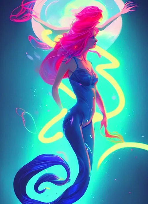 Prompt: style artgerm, joshua middleton, illustration, mermaid wearing neon clothing, blue hair, swirling water cosmos, fantasy, dnd, cinematic lighting