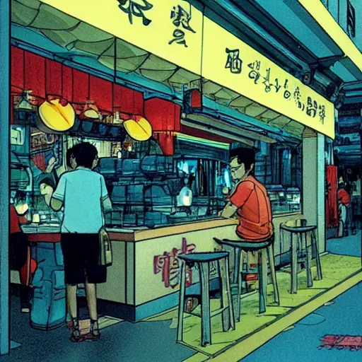 Image similar to a singaporean kopitiam, by satoshi kon